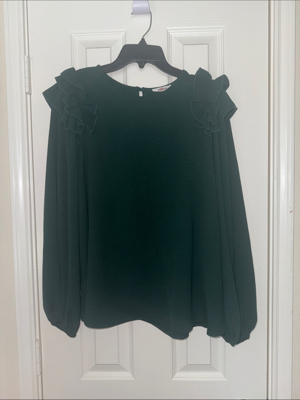 Ruffle Shoulder Long-Sleeve Blouse in Dark Green
